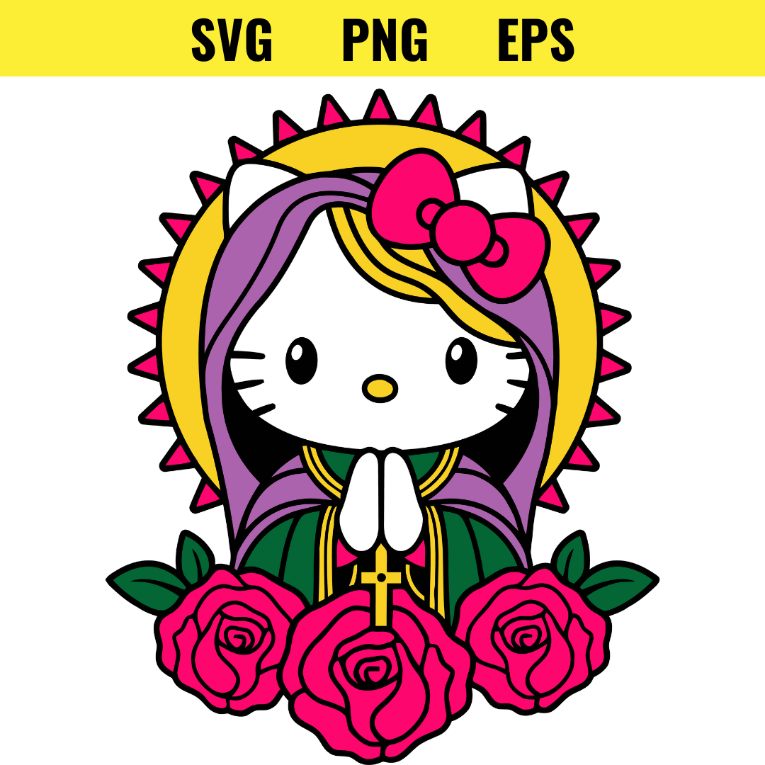 Hello Kitty Inspired Religious Icon with Roses Layered SVG