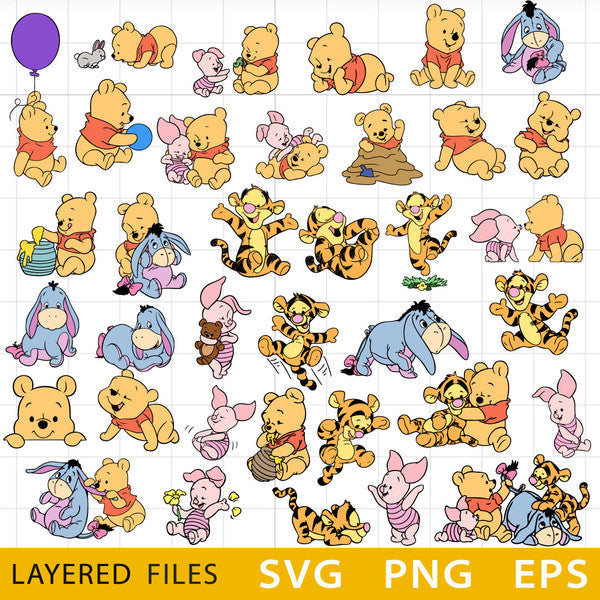 Winnie the Pooh Bundle SVG, Baby Pooh SVG, pooh svg, Piglet svg, Tigger svg, Eeyore svg, Winnie the Pooh Birthday